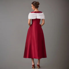 Casual Off Shoulder Patchwork Short Sleeves Round Neck Slim Big Swing Mid-calf Dresses