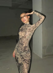 Elegant Print Turtleneck Full Sleeve High Street Party Bodycon Maxi Dress