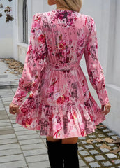 Vintage Ruffled V-neck Puff Sleeve Floral Print A-line Mini Dress