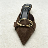 Brown Faux Suede Mule Sandals Luxury Metal Buckle Embellished Stiletto Slide Sandals Retro Party Dress Shoes