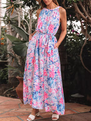 Bohemian Sash Floral Print Sleeveless Belted Maxi Dress Resort Wear