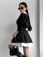 Elegant Lapel Long Sleeve Patchwork Non Stretch Mini Dress
