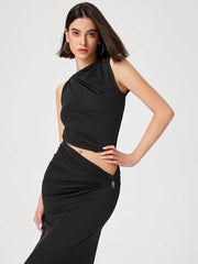Casual Knitted Solid Color Slim Sleeveless Pullover Vacation Long Skirt Set