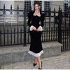 Elegant Square Collar Puff Sleeve Patchwork Slim Vintage Pleated Maxi Dresses