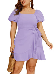 Casual Square Neck Ruffle Short Sleeve Loose Polyester Mini Dress