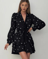 Casual Lapel Long Sleeve Mini Dresses Elegant Classic Lace-Up Pleated Dress