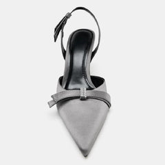 Elegant Rhinestone Bow Decorated Slingbacks Pumps Pointed Toe Stiletto Sandals Designer Black High Heel