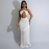 Elegant Tassel A Line High Waist Beach Skirt Bandage Super Short Top Beach Holiday Party Two Piece Sets