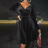 Elegant Velvet Solid V-neck Spliced Long-sleeved A-line Dress