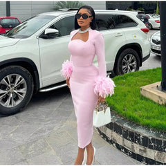 Elegant Sweetheart Neck Feather Patchwork Party Split Midi Dress