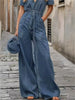 Casual Button Down Long Pants Rompers with Pockets Short Sleeve Denim Jumpsuit