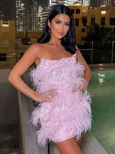 Elegant Chest wrapping Strapless Slim Sequin Feather Mini Dress