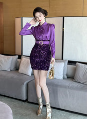 Elegant Formal Occasion 2-Piece Shirt Sequin Slim Pencil Short Dress