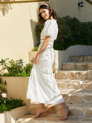 Guipure Lace Puff Sleeve V-neck Solid Maxi Dress