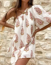 Simple Plant Print Pleated Diagonal Shoulder Lantern Sleeve Casual Loose Fitting Dress