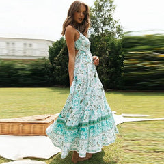 Elegant Print Sleeveless Lace Up V-neck Midi Dress