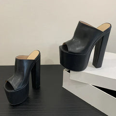 Designer Leopard Print Thick Platform Peep Toe Slippers Street Style Super Square High Heel
