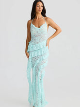 Elegant Backless Sheer Lace Halter Spaghetti Strap Ribbon Dress