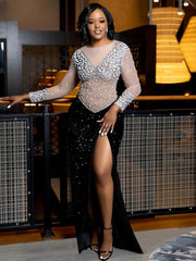 Rhinestone Pearl Mesh O Neck Long Sleeve See Though Patchwork Bodycon Evening Party Long Maxi Dresses