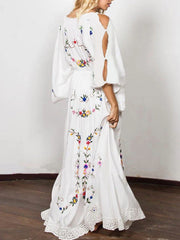 Embroidered V Neck Cut Out Sleeve Maxi Boho Dress