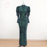 Elegant High Neck Long Puff Sleeves Mermaid Velvet Sequin Wedding Prom Evening Party Gowns