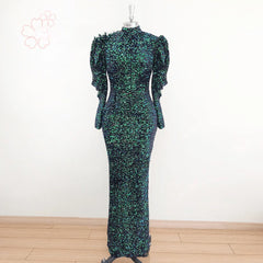 Elegant High Neck Long Puff Sleeves Mermaid Velvet Sequin Wedding Prom Evening Party Gowns
