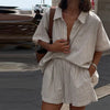 Casual Stripe Single Breasted Half Sleeve Shirts And Shorts Loose 2 Piece Set