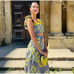 Print High Waist Pleated Slim Maxi Dresses Fly Sleeve Tops Skirt Sets