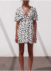 Casual V Neck Bottom Wrap Sand Spot Mini Bodycon Dress