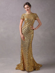 Evening Dresses Light Gold Mermaid Short Sleeve Formal Dress With Train