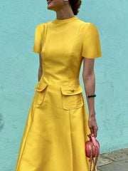 Elegant Short Sleeves Pockets Solid Color Round-Neck A-Line Evening Maxi Dresses