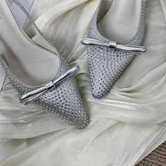 Pointed Toe Bow Back Strap Pumps Luxury Bling Rhinestone Branded Designer Shoes