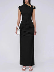 Spliced Folds Diagonal Collar Sleeveless High Waist Temperament Long Dress