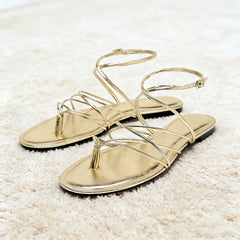 Gold Narrow Strap Cross Strap Design Flat Sandals Flip Flops Elegant Ankle Strap Dress Shoes