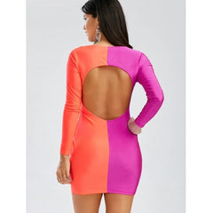 Long Sleeves Plunging Neck Off Breast Stitching Backless Packet Buttock Cut Out Club Dress