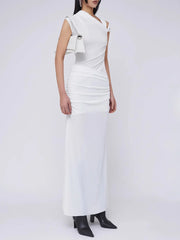 Spliced Folds Diagonal Collar Sleeveless High Waist Temperament Long Dress