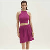 Casual Solid Knitted Vest Halter Sleeveless Short Top Pleated Elastic A-line Mini Skirt Two Piece Set