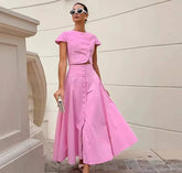 Elegant O-neck Single Breasted Short Sleeve Short Top Button Wide Leg Skirts