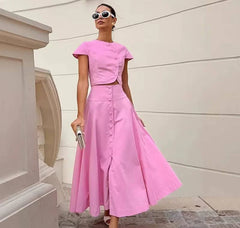 Elegant O-neck Single Breasted Short Sleeve Short Top Button Wide Leg Skirts