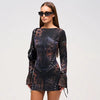 Vintage Pullover Dropped Sheath Printing Full Sleeve Bodycon Mini Dress