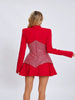 Elegant Pleated Stand Collar Long Sleeved Rhinestone Design Cocktail Party Mini Dress