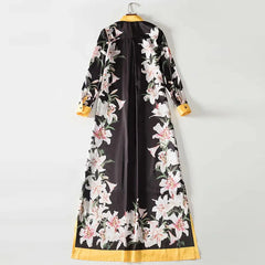 lily Flower Printed Robe Long Sleeve Vintage Maxi Dress
