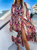Casual Versatile Beach Style Printed V-Neck With Belt Midi Dress