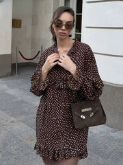 Casual V-Neck Long Sleeve Loose Print Ruffle Mini Dresses