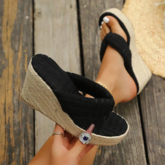 White Cane Straw Weave Thick Platform Slipper Open Toe Pinch Narrow Band Wedge High Heel