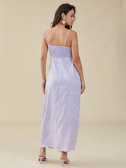 Floral Print Strap Tie Open Back Ruffle Trim Shirred Dress