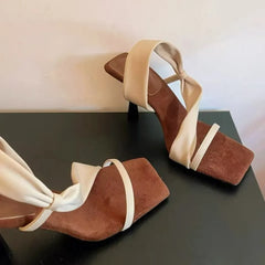 Luxury Designer High-heeled Mules with A Wrap-around Strap Square Toe Open-toe Slender Heel