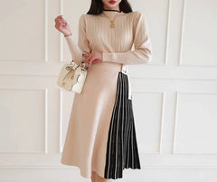 Elegant Lace-Up Waist Mid-Length Knitted large Skirt Sweater Dress