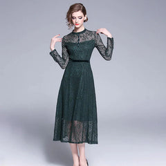 Elegant office lady long Sleeve Lace Dress