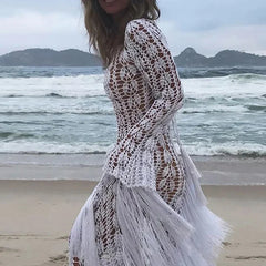 Casual Fringe Patchwork Hollow Knitted Long Sleeved Slim Beach Holiday Dresses
